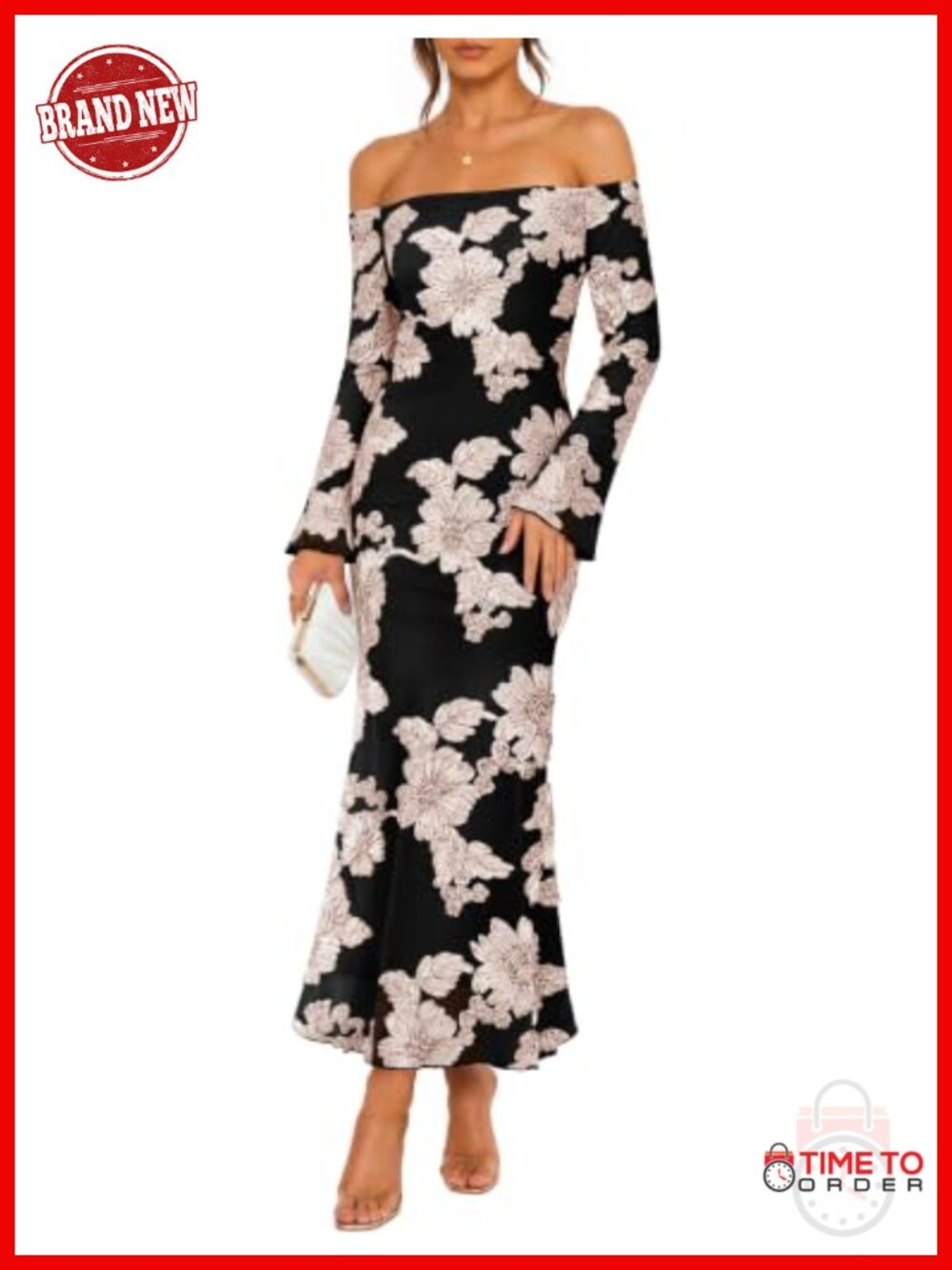 Off Shoulder Floral Maxi Dress Long Sleeve Bodycon Mermaid Formal